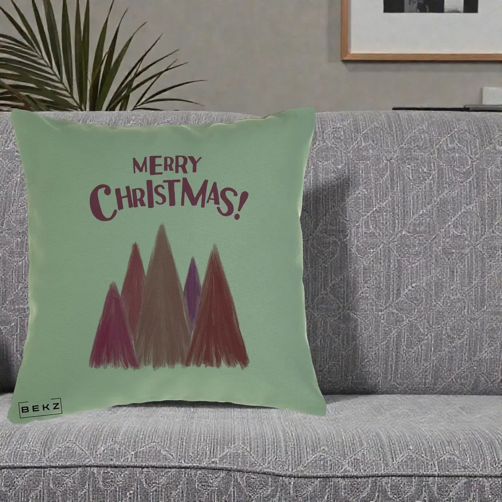 Perna Decorativa Merry Christmas Brazi Roz, 40x40 cm, Verde, Husa Detasabila, Perna Inclusa, BEKZ®