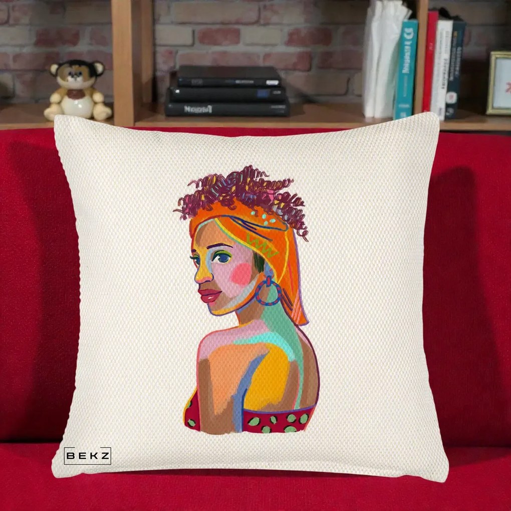 Perna Decorativa Portret Femeie Colorat Pop Art, 40x40 cm, Crem Reliefat, Husa Detasabila, Perna Inclusa, BEKZ®