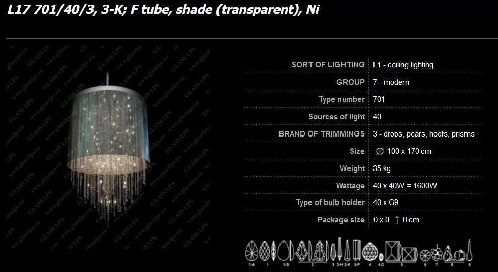 Lustra moderna XL cristal Bohemia L17 701/40/3, 3-K, F tube, shade
