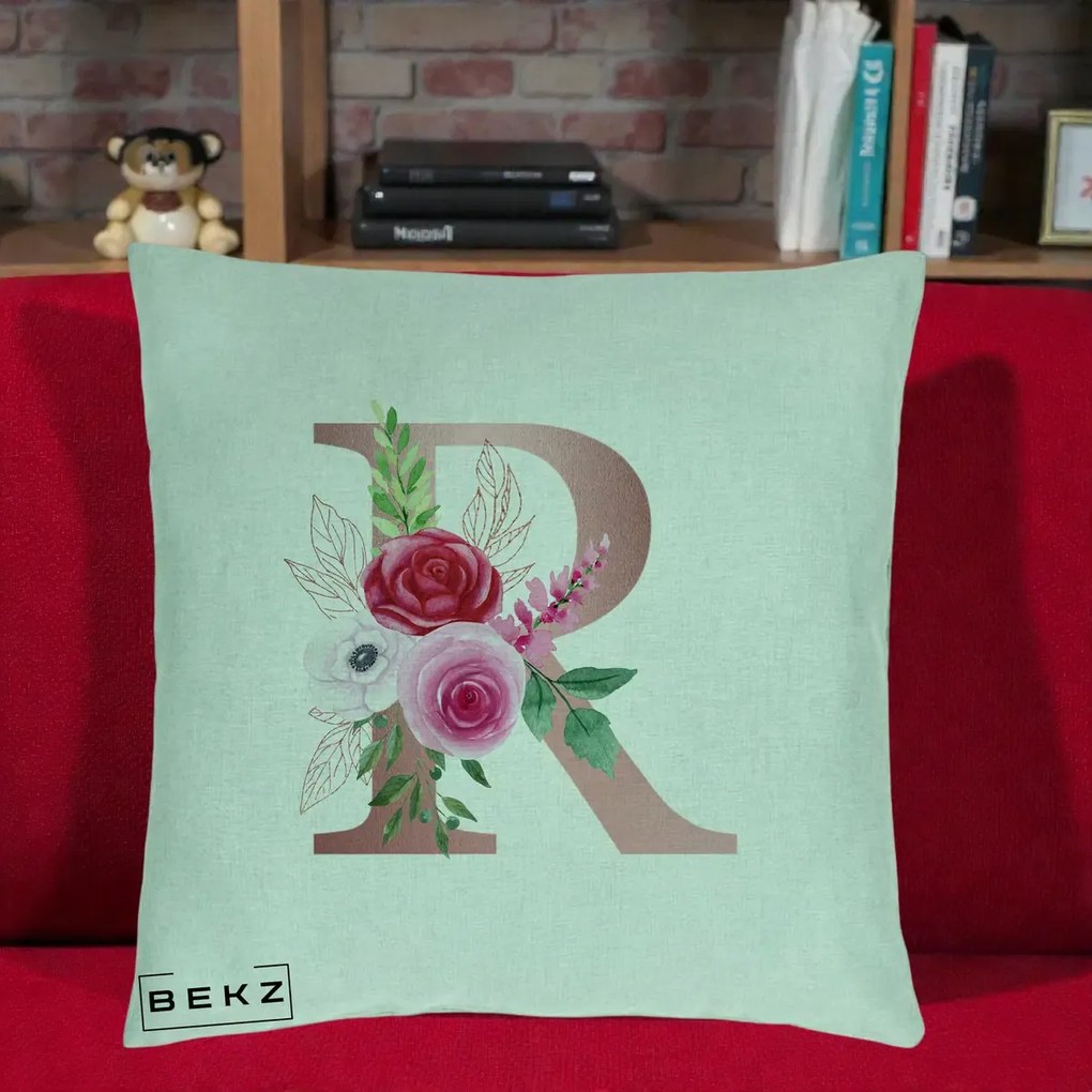 Cadou Personalizat - Perna Personalizata Monograma Rose Gold Litera R, 40x40 cm, Verde Menta, Husa Detasabila, Perna Inclusa, BEKZ®