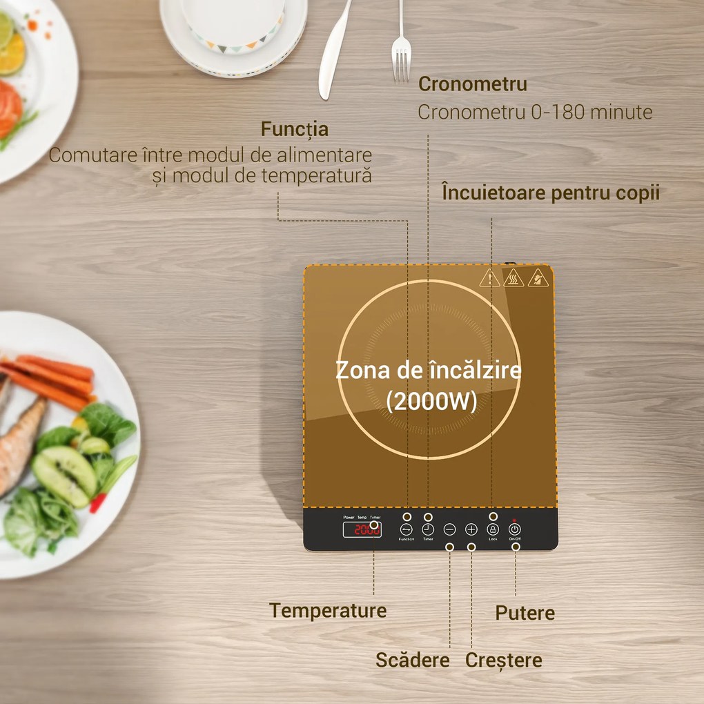 HOMCOM Placă Inducție 2000W Temperatură Reglabilă, Plastic și Sticlă, 31x27x4.2 cm, Negru | Aosom Romania