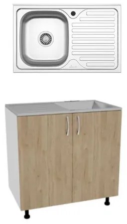 Set Masca Chiuveta Karo, Lemn Natural/Alb, 80 x 50 x 80 cm, Chiuveta Inox, Cuva stanga