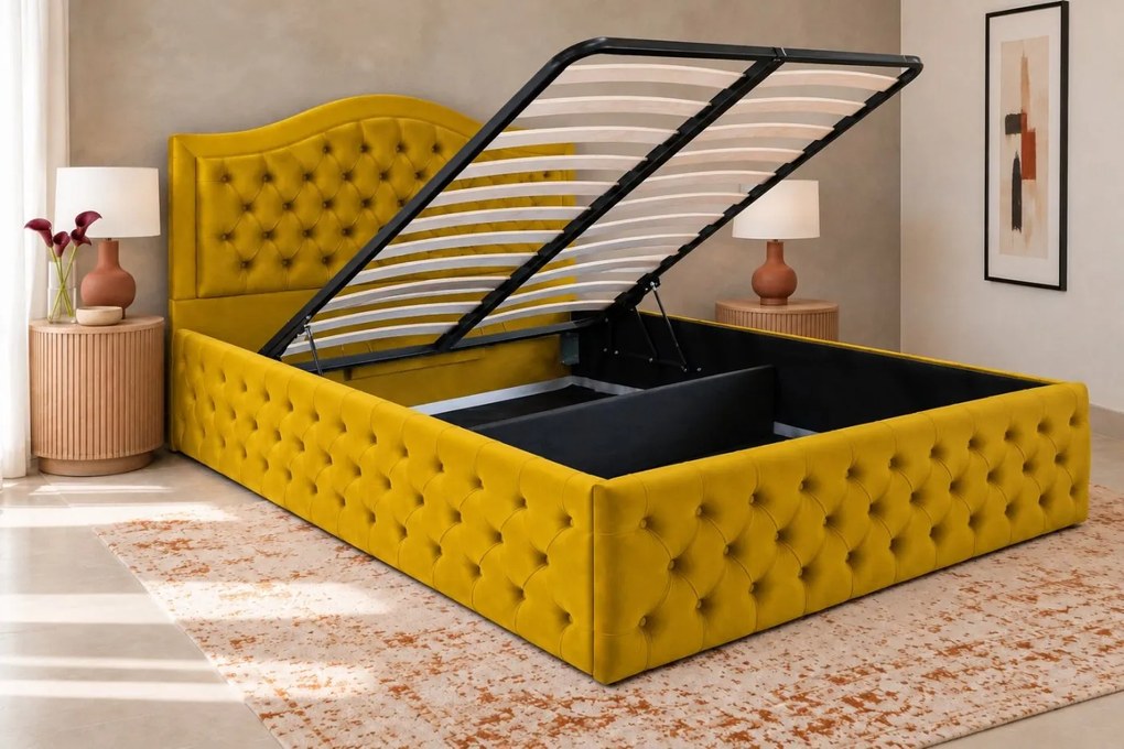 Pat tapițat Chesterfield din catifea Solaria Deluxe 160×200 cm, galben muștar, cu ladă de depozitare