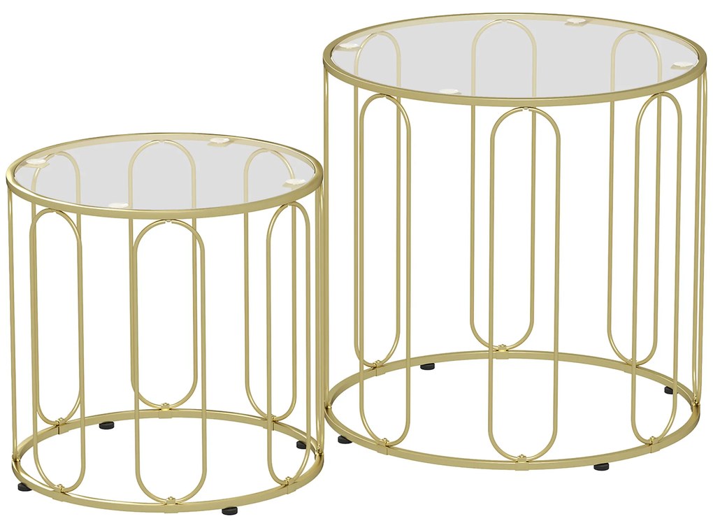 HOMCOM Set de 2 mese de cafea gigogne rotunde moderne cu cadru din metal și blat din sticlă securizată, ton auriu | Aosom Romania