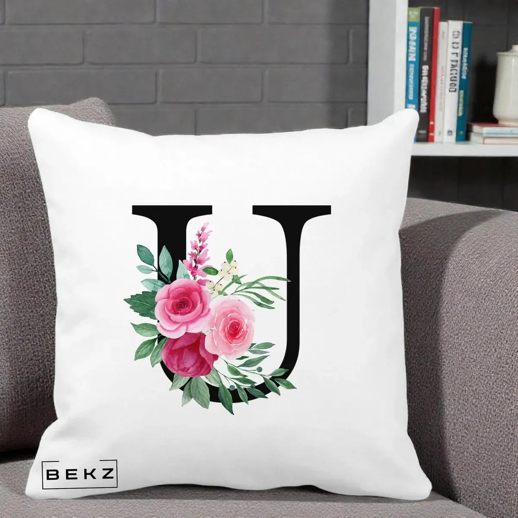 Cadou Personalizat - Perna Personalizata Monograma Florala Litera U, 40x40 cm, Alba Mata, Husa Detasabila, Perna Inclusa, BEKZ®