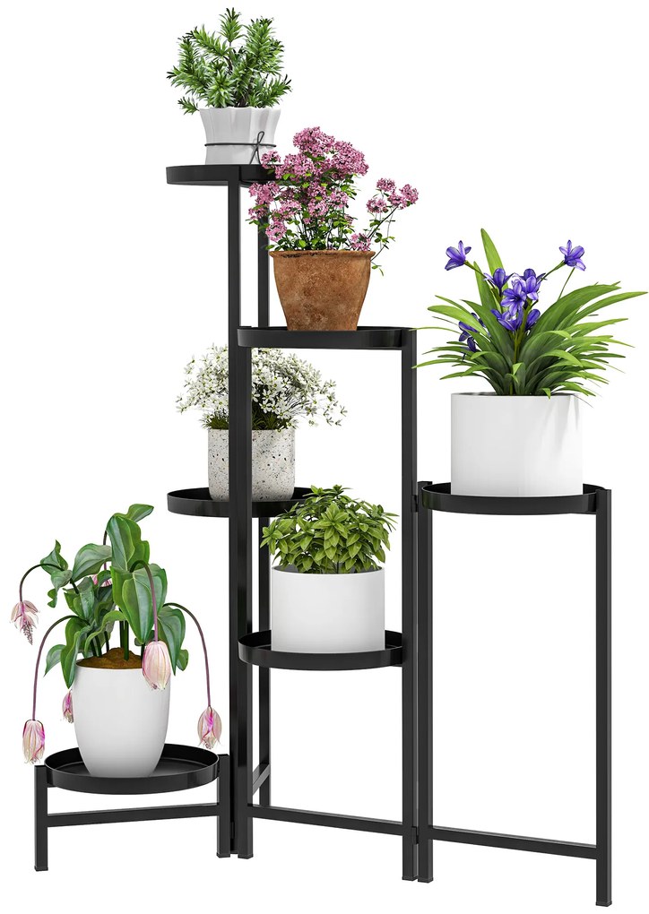 Outsunny Suport pentru plante 6 nivele etajeră plante ajustabil și pliabil din metal design fără șuruburi negru 60 x 40 x 80 cm | Aosom Romania