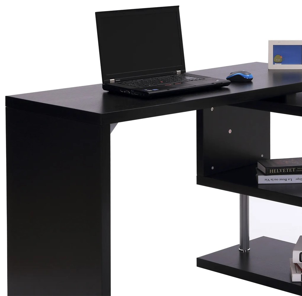 HomCom Birou pe colt pentru Computer cu Rafturi in Lemn, Negru, 120x106x75cm