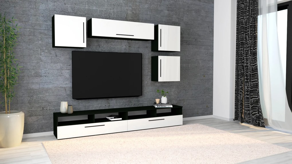 Living haaus Haga V17, Alb Lucios/Negru, MDF, L 240 cm