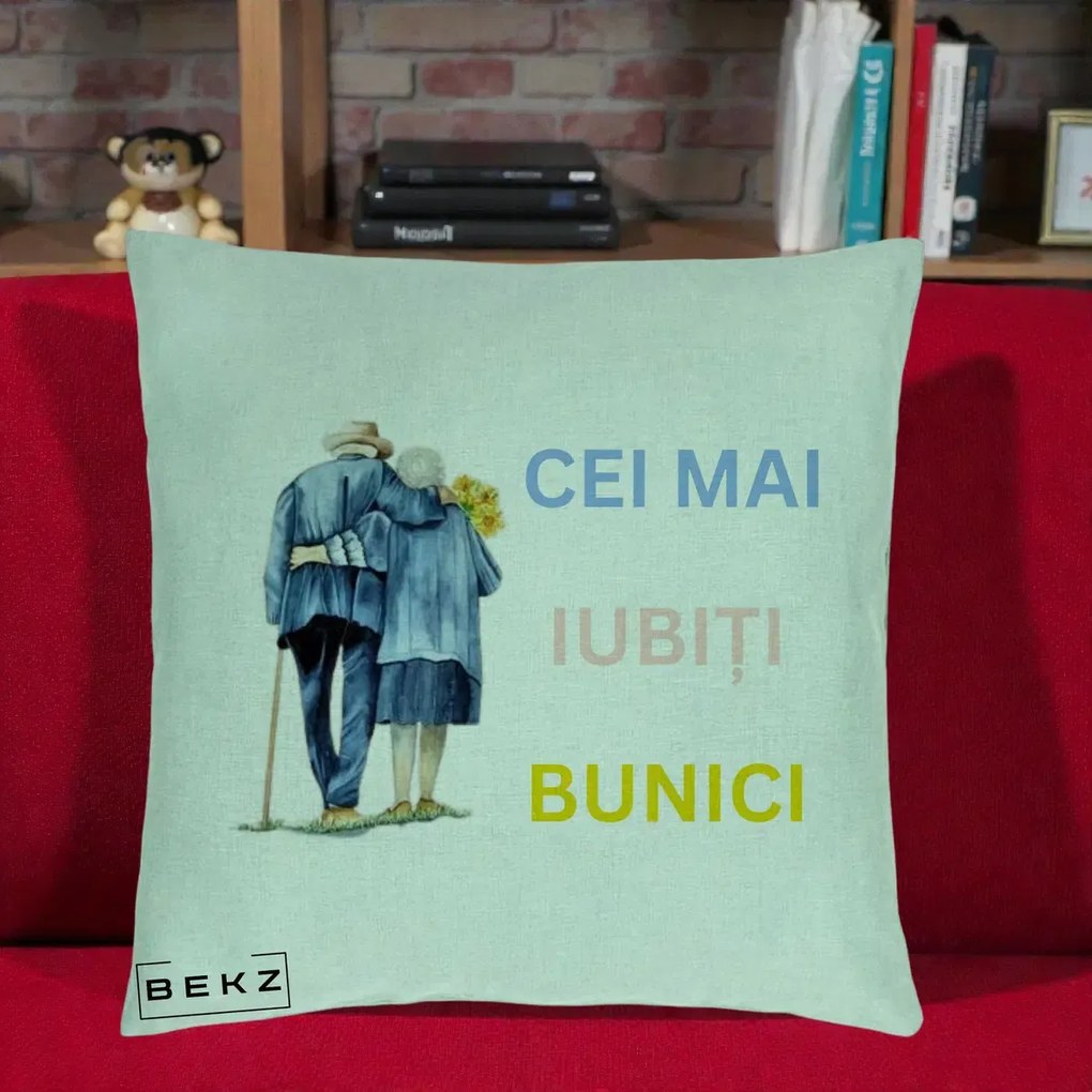 Cadou pentru Bunici - Perna Personalizata Cei Mai Iubiti Bunici Acuarela Spate, 40x40 cm, Verde Menta, Husa Detasabila, Perna Inclusa, BEKZ®
