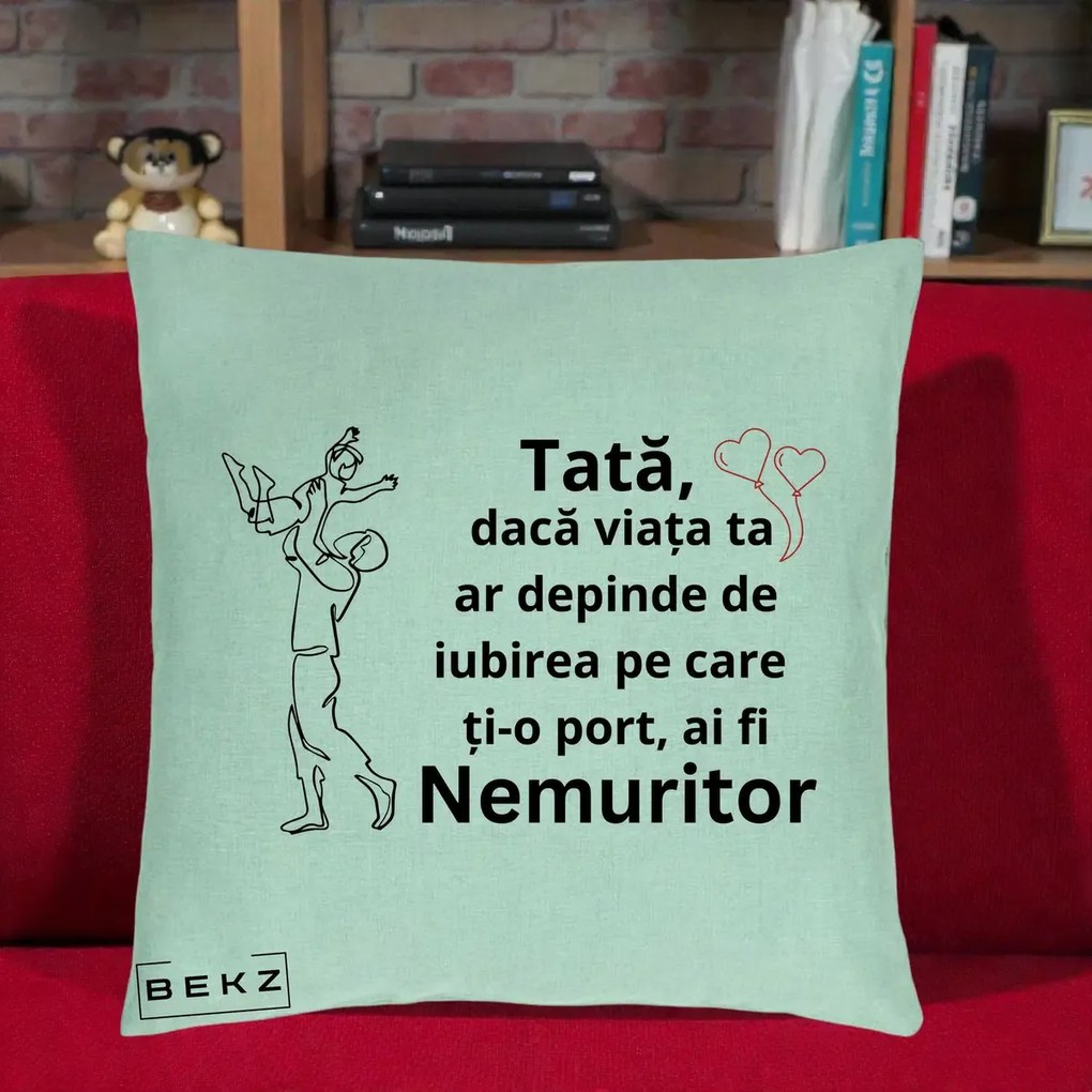 Cadou pentru Tata - Perna Personalizata Tata Nemuritor Joaca in Aer, 40x40 cm, Verde Menta, Husa Detasabila, Perna Inclusa, BEKZ®
