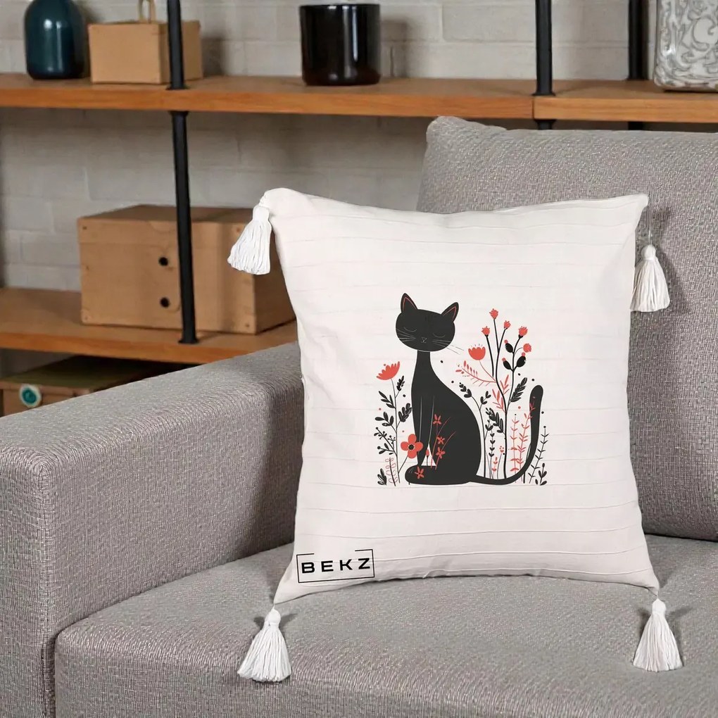 Perna Decorativa Pisica Neagra Flori Rosii Folk Minimal, 40x40 cm, Bej cu Franjuri, Husa Detasabila, Perna Inclusa, BEKZ®