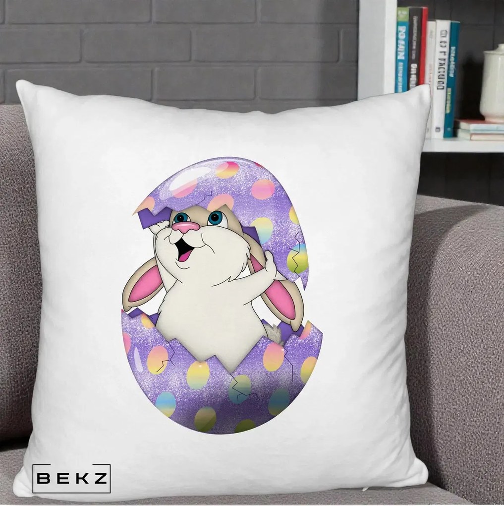 Perna Decorativa Iepuras din Ou de Pasti, 40x40 cm, Alb Pufos, Husa Detasabila, Perna Inclusa, BEKZ®