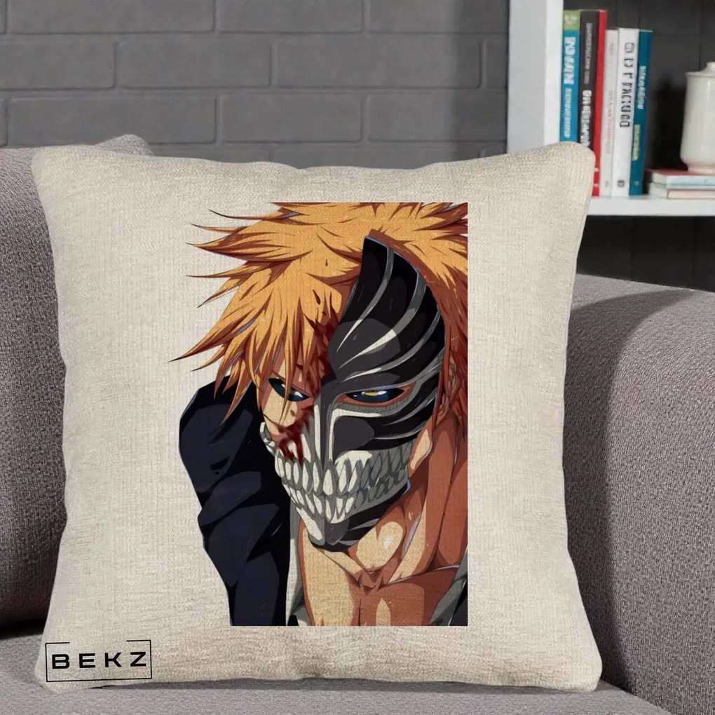 Perna Personalizata Bleach Ichigo Masca Hollow, 40x40 cm, Bej Canapea, Husa Detasabila, Perna Inclusa, BEKZ®