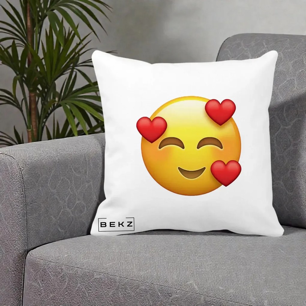 Perna Decorativa Emoji cu 3 Inimi, 40x40 cm, Alba Mata, Husa Detasabila, Perna Inclusa, BEKZ®