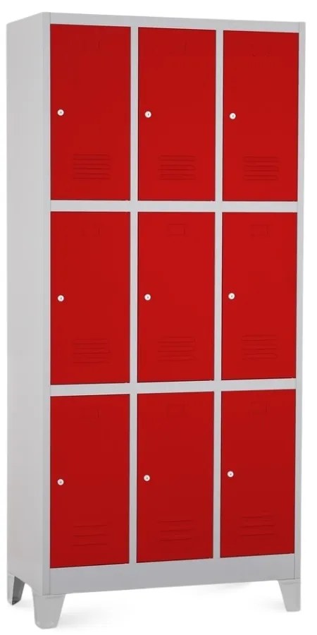 Dulap metalic - 9 cutii, 90 x 45 x 195 cm, picioare fixe, încuietoare cilindrică, roșu - ral 3000