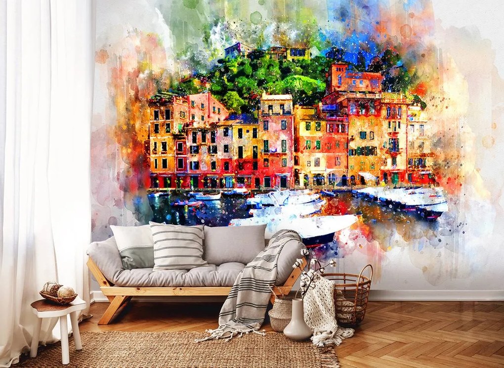 Fototapet - Orașul - pictura cu aquarelă (254x184 cm)