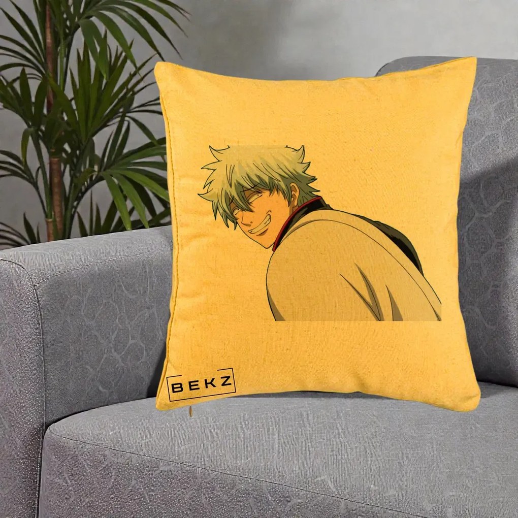 Perna Personalizata Gintama Gintoki Portret cu Zambet, 40x40 cm, Galben, Husa Detasabila, Perna Inclusa, BEKZ®