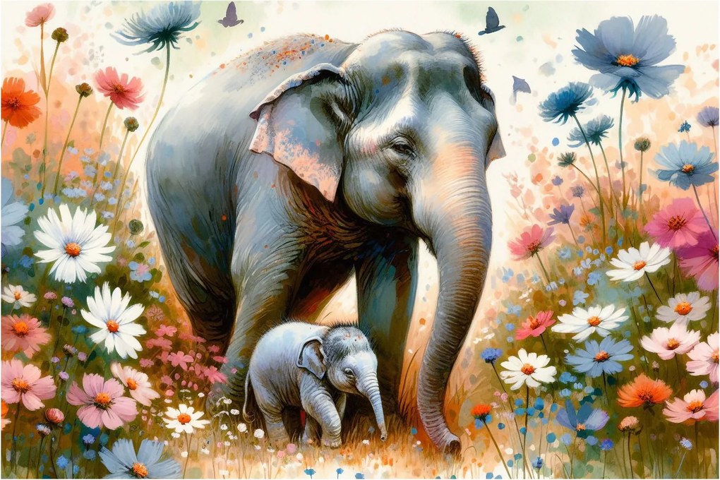 Tablou - Mama elefant, acuarelă (90x60 cm)