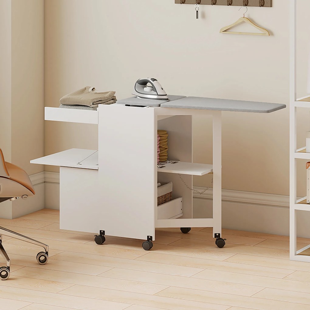 HOMCOM Dulap pentru călcat, masă de călcat pliabilă pe roți cu uși cu deschidere prin apăsare, balamale cu închidere moale, alb | Aosom Romania