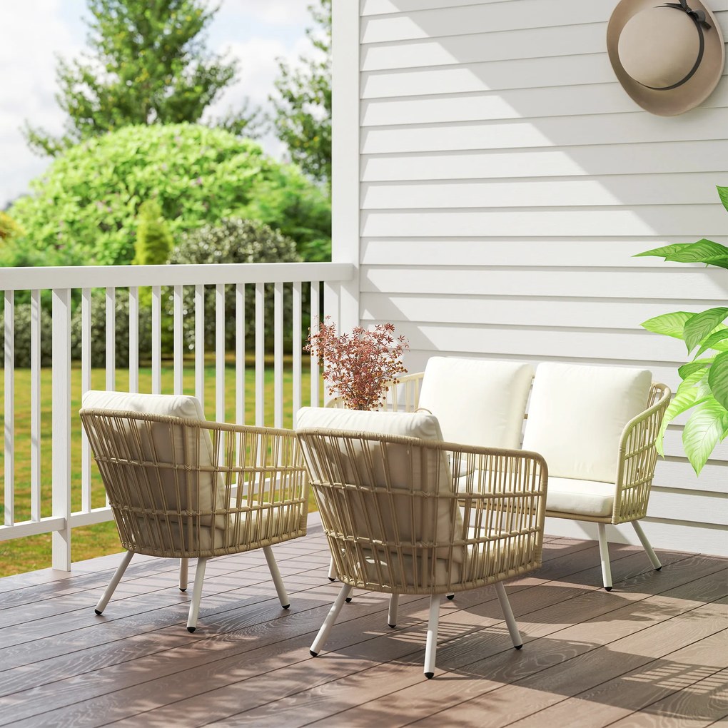 Outsunny Set de mobilier de grădină din poliratan Lounge-Set cu canapea de 2 locuri, fotoliu, masă, perne rezistente la intemperii pentru 4 persoane în culoarea Khaki | Aosom Romania
