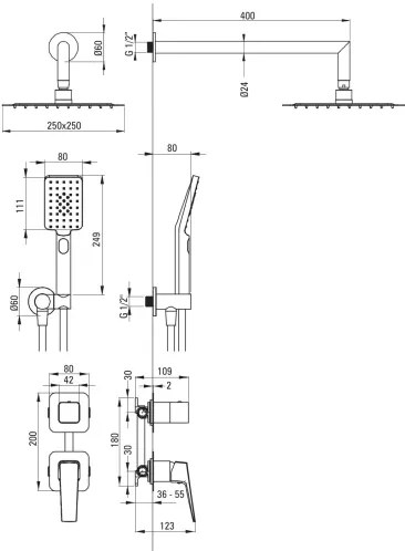 Deante NQL_09YK - Set de duș BLUR cu baterie încastrată, crom lucios