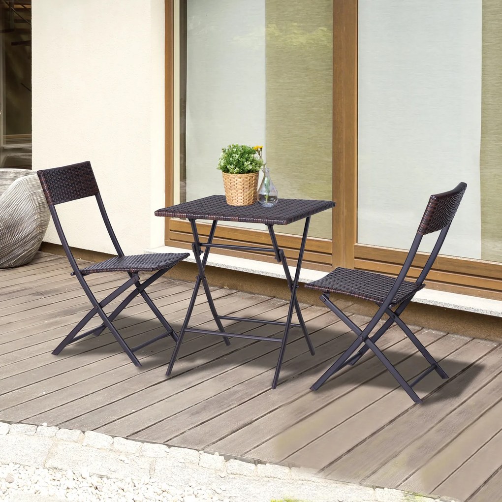 Outsunny Set Mobilier pentru Balcon din Rattan PE, Include Masă de Cafea și 2 Scaune Pliabile, 60x60x72cm, Maro | Aosom Romania