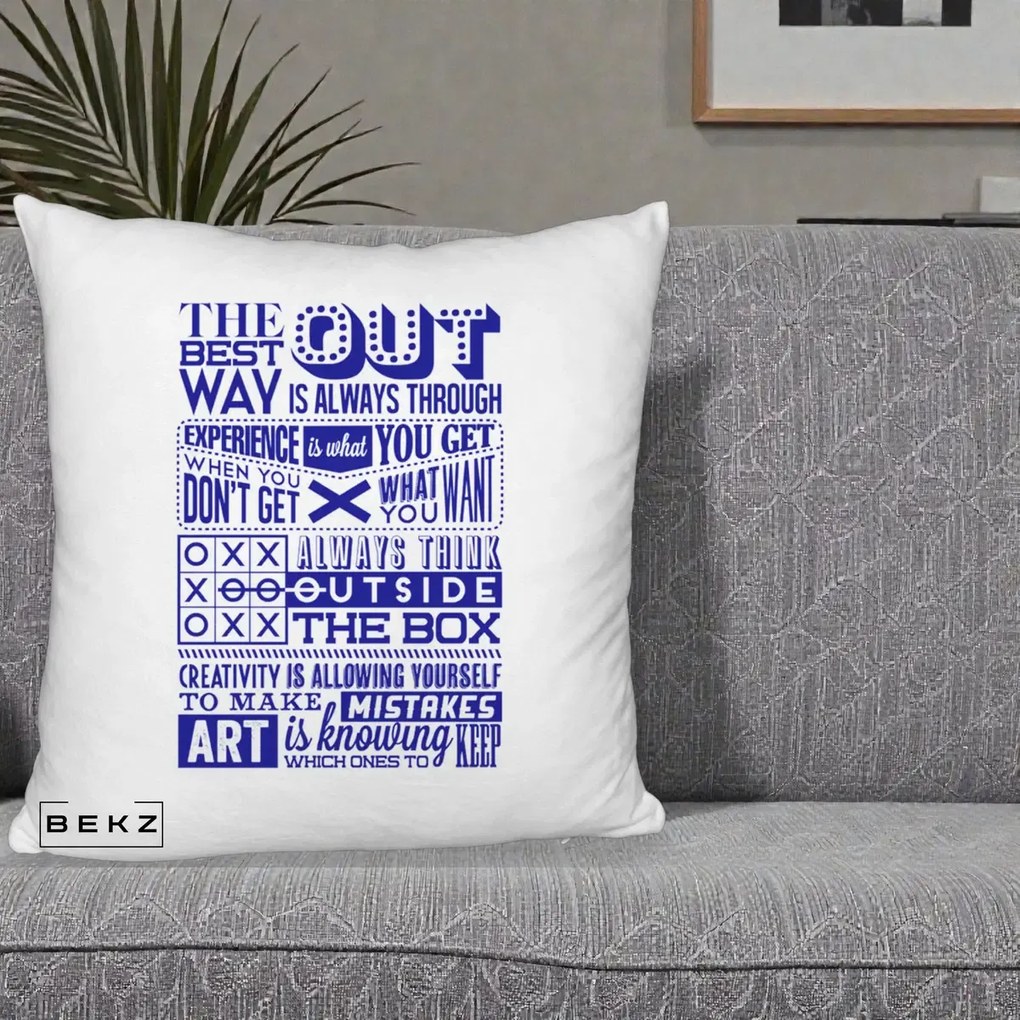 Perna Decorativa Citate Creativitate Albastru, 40x40 cm, Alb Pufos, Husa Detasabila, Perna Inclusa, BEKZ®