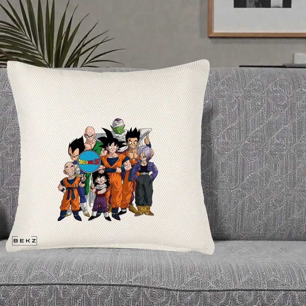 Perna Personalizata Dragon Ball Z Grup Complet, 40x40 cm, Crem Reliefat, Husa Detasabila, Perna Inclusa, BEKZ®
