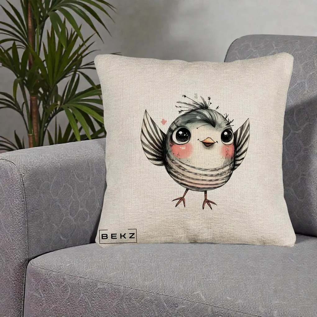 Perna Decorativa Pasare Gri cu Aripi si Inimioare, 40x40 cm, Bej Canapea, Husa Detasabila, Perna Inclusa, BEKZ®