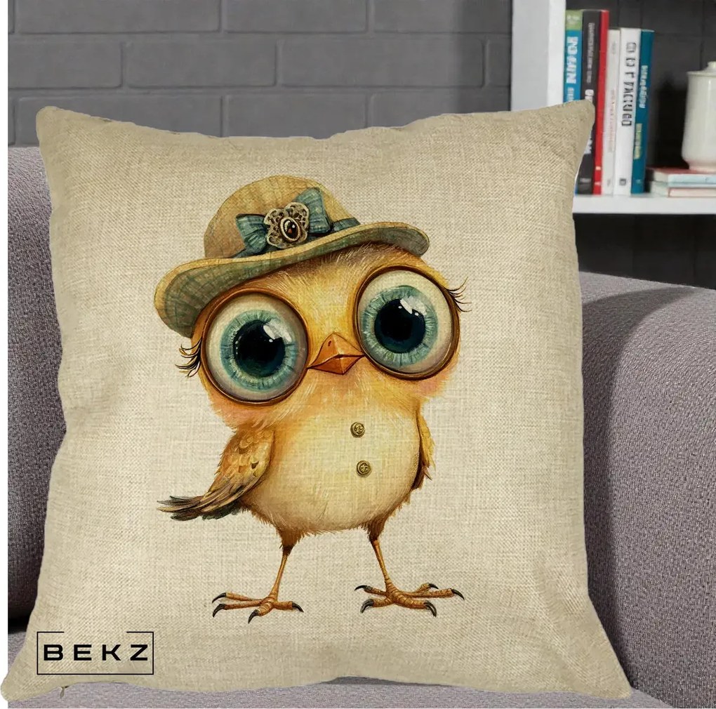 Perna Decorativa Pui Elegant cu Palarie Teal, 40x40 cm, Crem, Husa Detasabila, Perna Inclusa, BEKZ®
