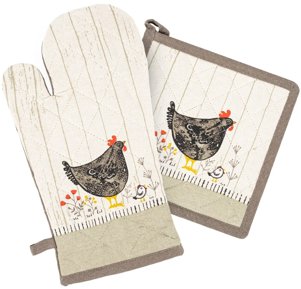 Mănușă bucătărie cu suport HOME ELEMENTS Găini, cu magnet, 18 x 32 cm, 20 x 20 cm