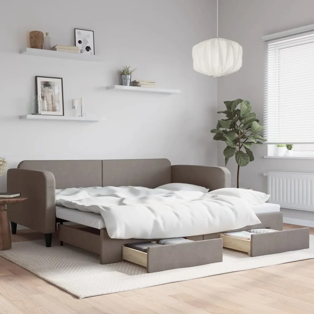 vidaXL Pat de zi cu extensie și sertare, gri taupe, 100x200 cm, textil