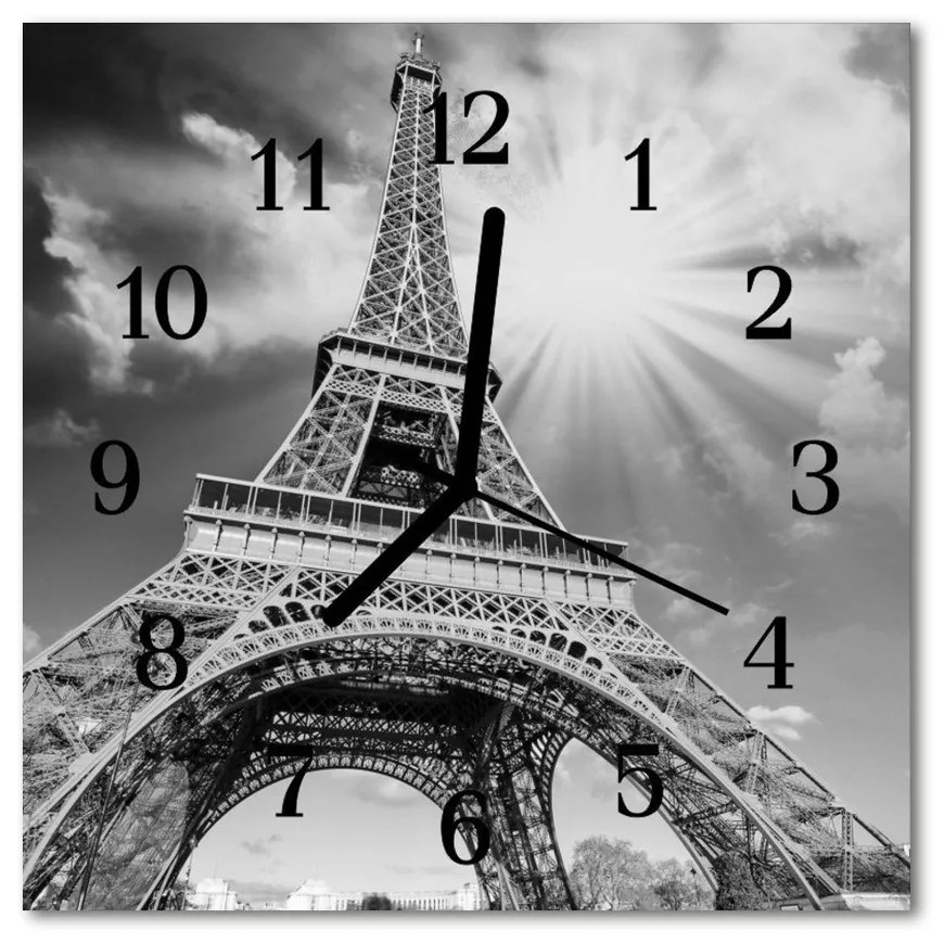 Ceas de perete din sticla pătrat Turnul Eiffel din Paris Oras Black &amp; White