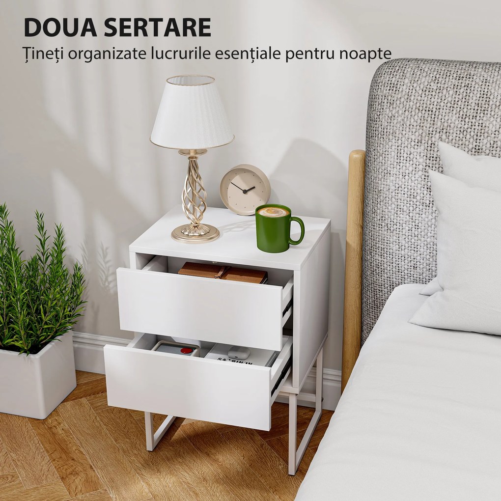 HOMCOM Noptieră Modernă cu 2 Sertare cu Deschidere prin Apăsare 40x30x50cm Alb | Aosom Romania