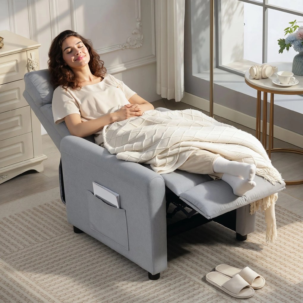 HOMCOM Fotoliu Reclinabil 135° max în Material cu Efect de In, Spumă, Oțel și Lemn, 73x86x100 cm, Gri Deschis | Aosom Romania