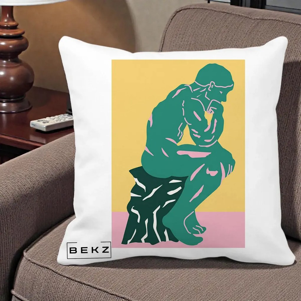 Perna Decorativa Ganditorul Sculptura Pop Art, 40x40 cm, Alba Mata, Husa Detasabila, Perna Inclusa, BEKZ®