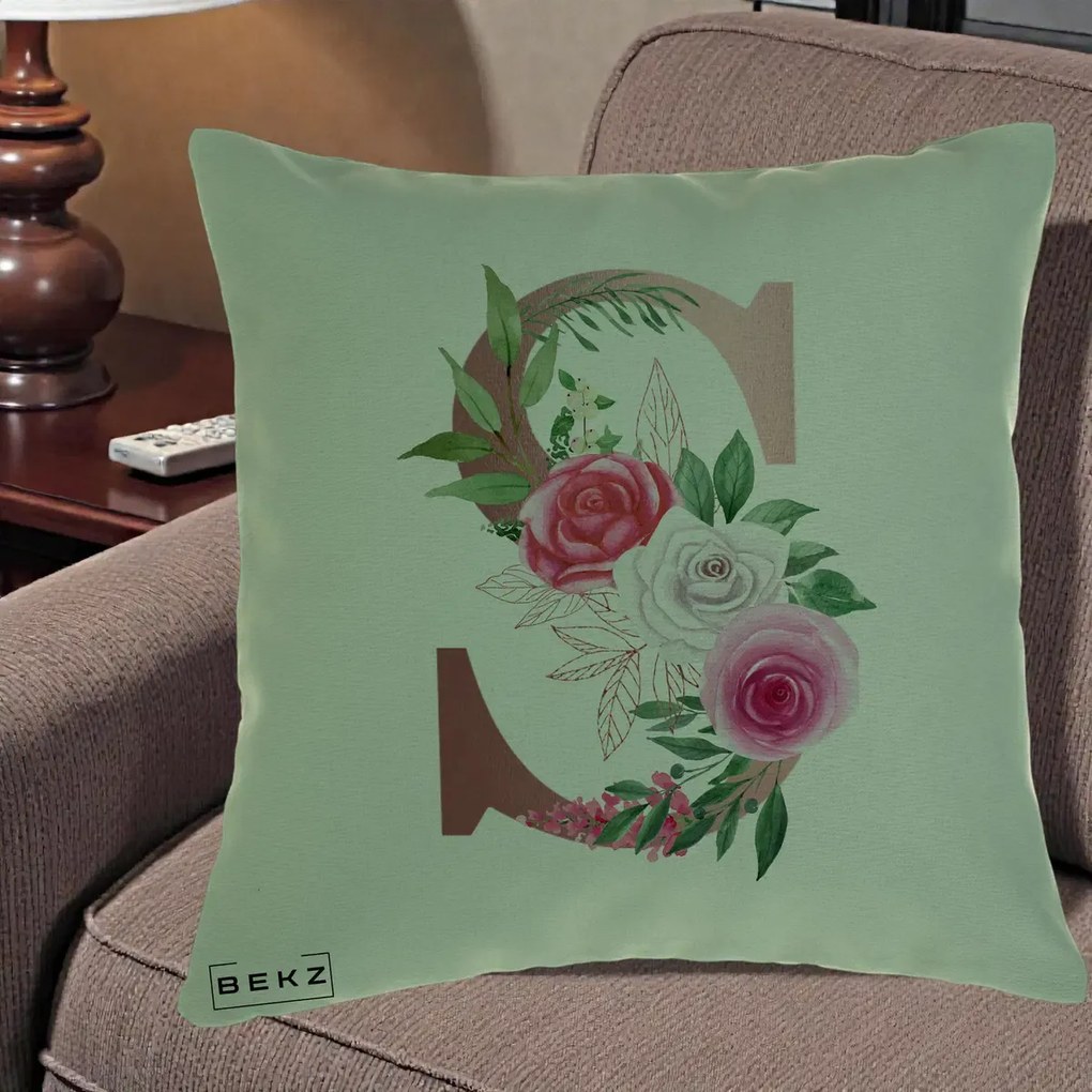 Cadou Personalizat - Perna Personalizata Monograma Rose Gold Litera S, 40x40 cm, Verde, Husa Detasabila, Perna Inclusa, BEKZ®