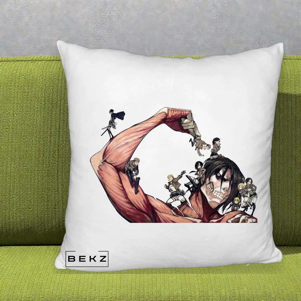 Perna Personalizata Attack on Titan Eren Titan Grup, 40x40 cm, Alb Pufos, Husa Detasabila, Perna Inclusa, BEKZ®