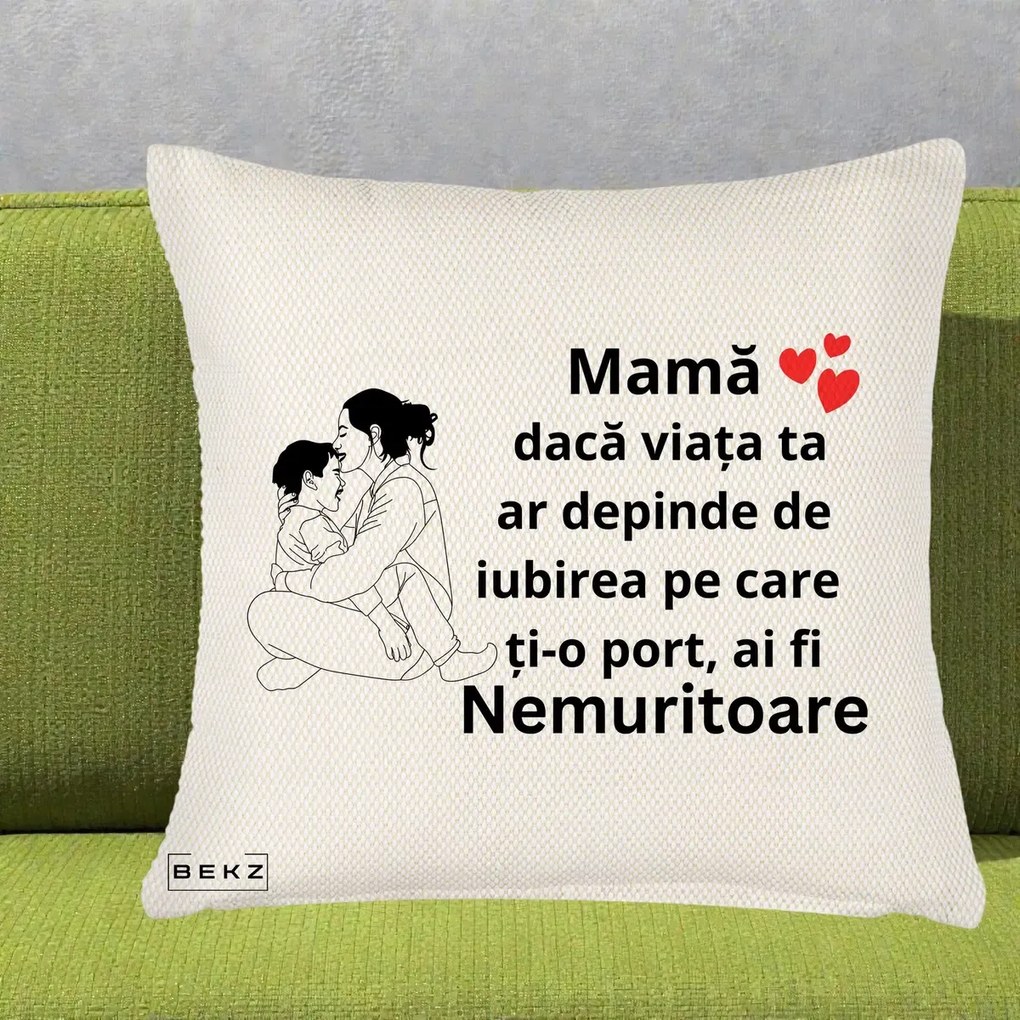 Cadou pentru Mama - Perna Personalizata Mama Nemuritoare Kawaii, 40x40 cm, Crem Reliefat, Husa Detasabila, Perna Inclusa, BEKZ®