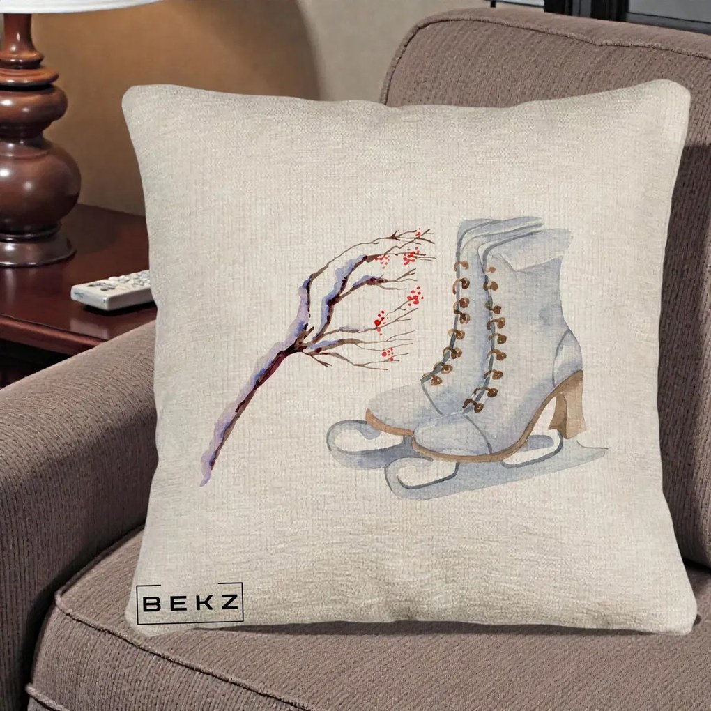 Perna Decorativa Patine cu Ramuri Inzapezite, 40x40 cm, Bej Canapea, Husa Detasabila, Perna Inclusa, BEKZ®