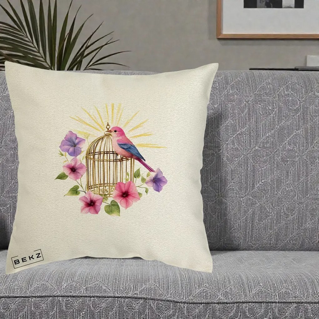 Perna Decorativa Pasare Roz pe Colivie Aurie cu Flori, 40x40 cm, Ecru, Husa Detasabila, Perna Inclusa, BEKZ®