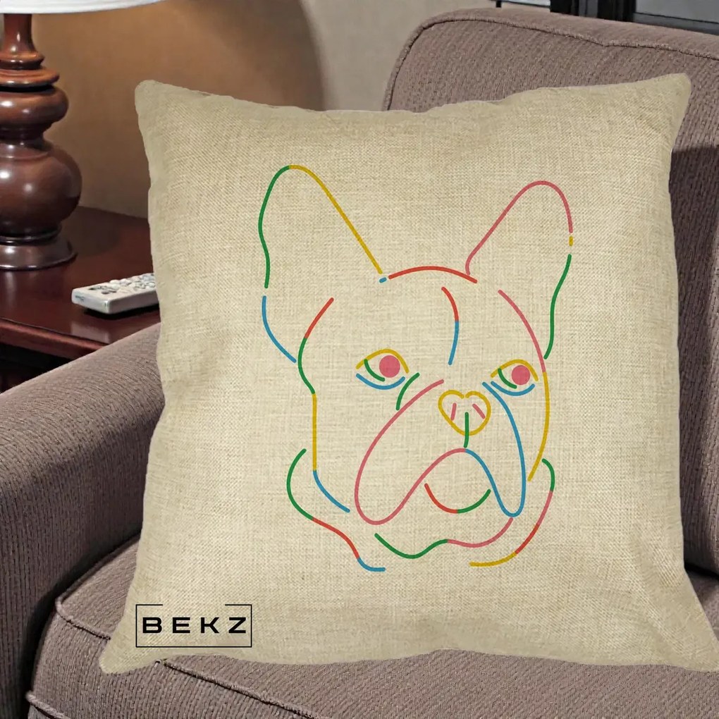 Perna Decorativa Bulldog Francez Line Art Curcubeu, 40x40 cm, Crem, Husa Detasabila, Perna Inclusa, BEKZ®