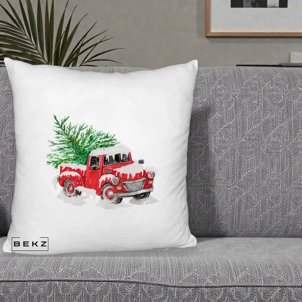 Perna Decorativa Camioneta Rosie Brad de Craciun, 40x40 cm, Alb Pufos, Husa Detasabila, Perna Inclusa, BEKZ®