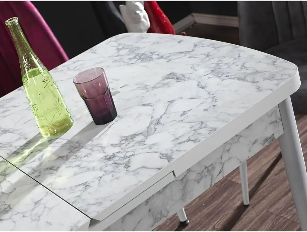 Set masa extensibila cu 6 scaune tapitate Homs cristal  bej-gri-picior-alb-170 x 80 cm