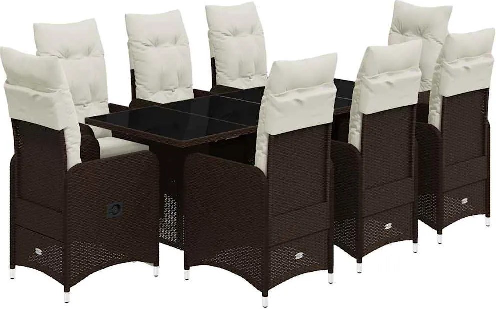 vidaXL Set bistro de grădină cu perne, 9 piese, maro, poliratan