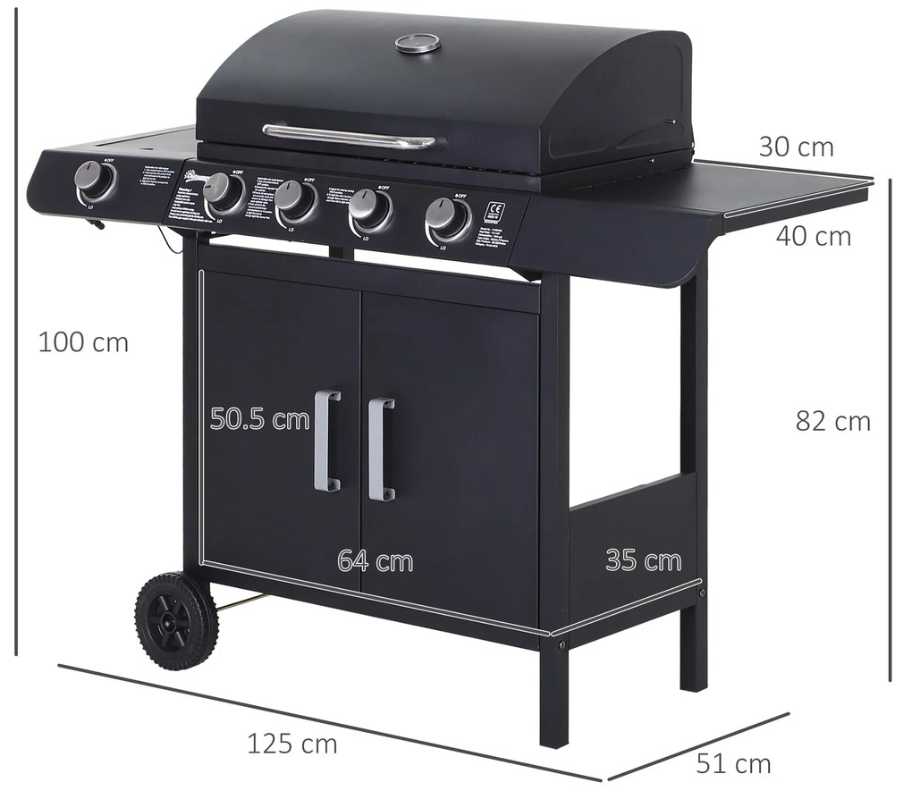 Outsunny Gratar pe Gaz cu 5 Arzatoare Rafturi Laterale si Dulap Inferior cu Usa, Gratar de Gradina cu Roti din Otel si PP, 125x51x100 cm, Negru