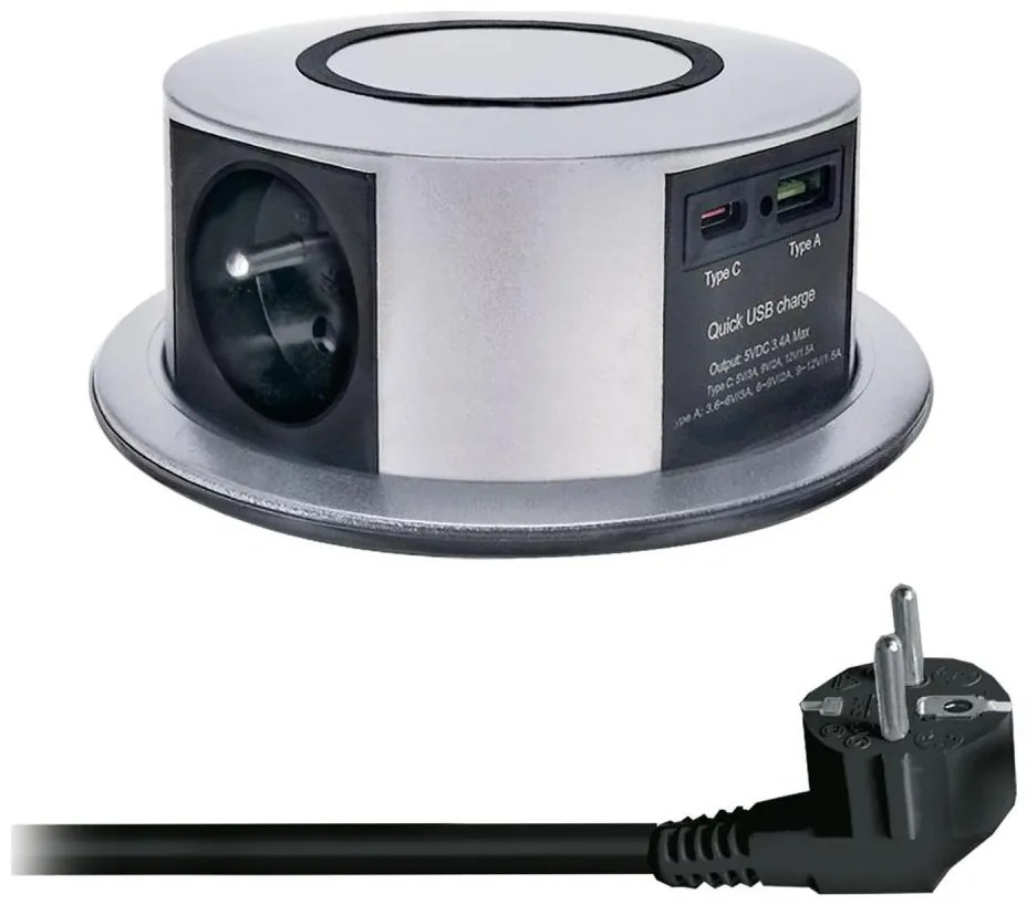 Solight PP120CW-PD20 - Coloană priză birou cu Qi, 3x230V, USB-A, USB-C