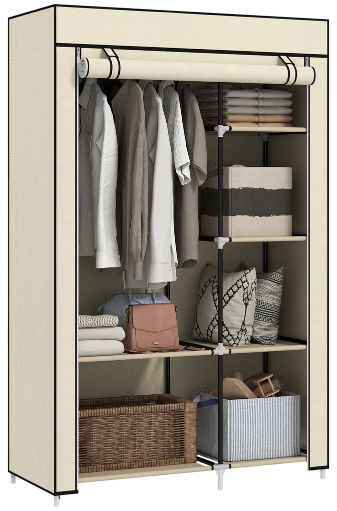 HOMCOM Dulap din Material Textil, Soluție de Depozitare, 6 Rafturi, 1 Bară pentru Haine, Bej | Aosom Romania