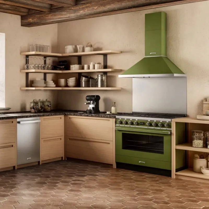 Hota decorativa SMEG Portofino KPF9OG, 275 W, A+, 781 m³/h, 3 viteze, 3 filtre, Supapa, Otel inoxidabil, LED, Verde