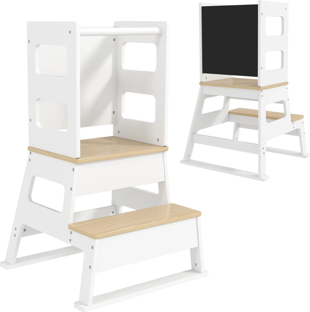 AIYAPLAY Turn de Învățare pentru Copii 3-6 Ani cu Tablă și Balustradă de Siguranță, 55x52,5x87,5 cm, Alb | Aosom Romania